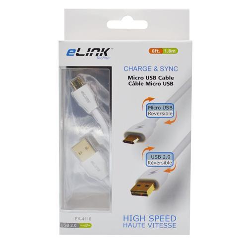 Elink EK-4110 Cable Micro USB 2.0 Reversible 6Pi Blanc - Simple Boutique