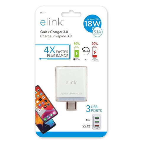 Elink EK114 - Chargeur à 3 Ports USB avec Charge Rapide 3.0, Blanc