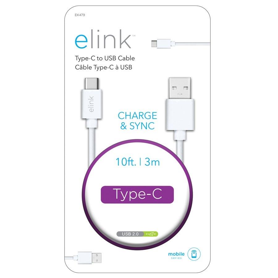 Elink EK479 Câble Type-C à USB 10 Pieds Blanc - Simple Boutique