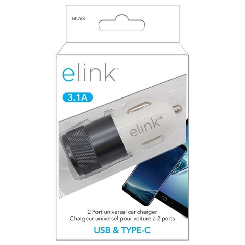Elink EK768 Chargeur Universel pour Voiture avec Ports USB et Type-C Blanc