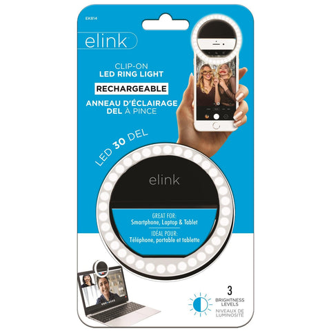 Elink EK814 Anneau Lumineux Selfie Rechargeable 30 DEL à Pince pour Smartphones, Noir