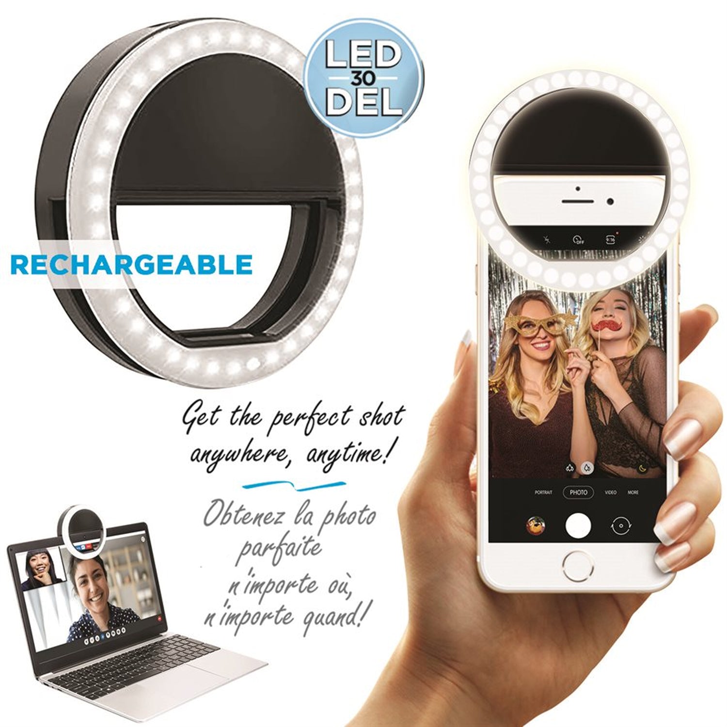 Elink EK814 Anneau Lumineux Selfie Rechargeable 30 DEL à Pince pour Smartphones, Noir - Simple Boutique