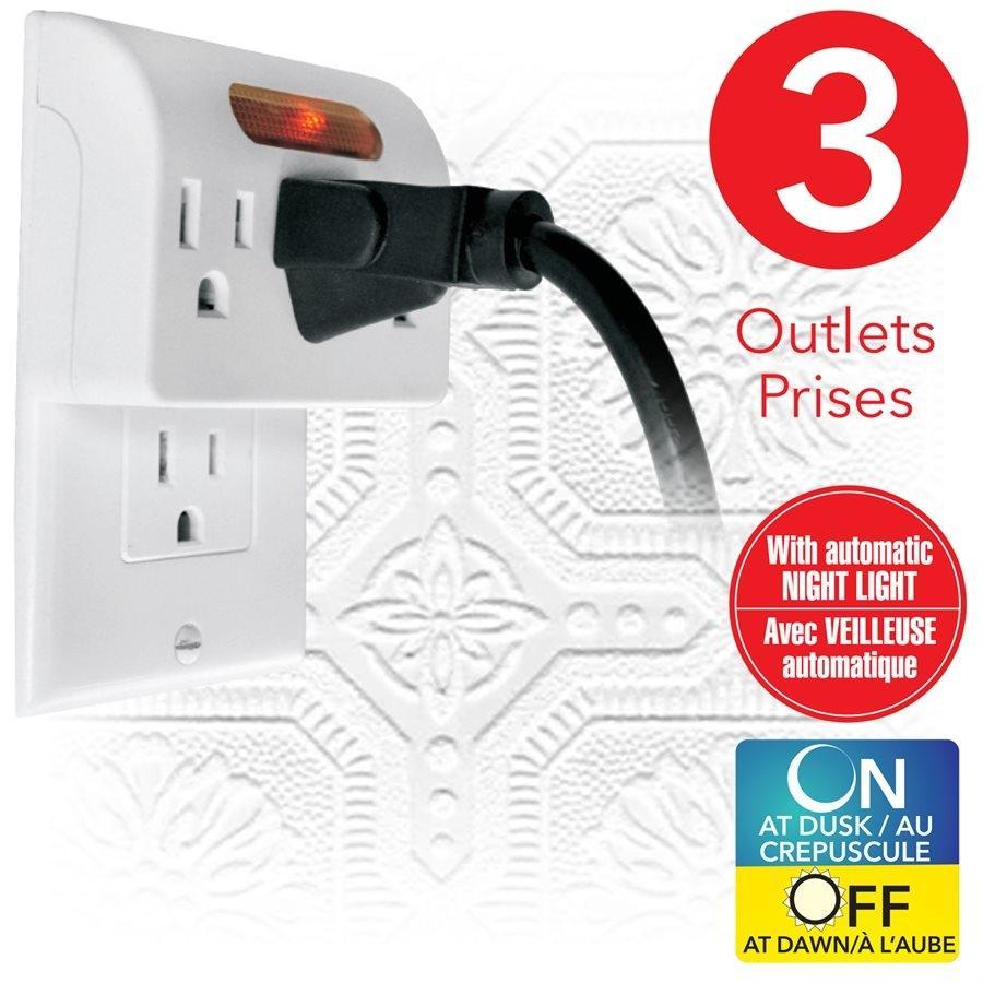 Elink EL-4522 - Multiprise Mural à 3 Prises avec Veilleuse Automatique, Blanc - Simple Boutique