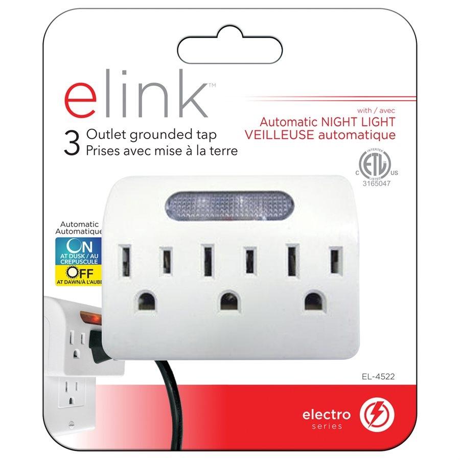 Elink EL-4522 - Multiprise Mural à 3 Prises avec Veilleuse Automatique, Blanc - Simple Boutique