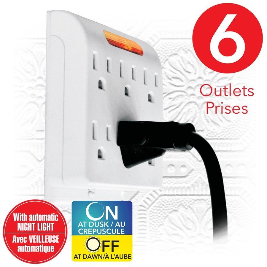 Elink EL-4523 - Multiprise Mural à 6 Prises avec Veilleuse Automatique, Blanc - Simple Boutique