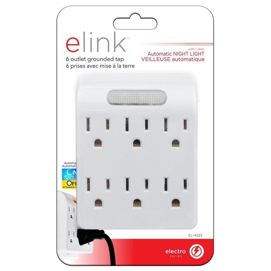 Elink EL-4523 - Multiprise Mural à 6 Prises avec Veilleuse Automatique, Blanc - Simple Boutique