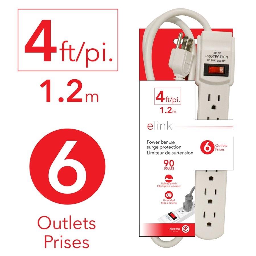 Elink EL-674 - Barre d'alimentation à 6 Prises avec Parasurtenseur, 4 Pieds, Blanc - Simple Boutique