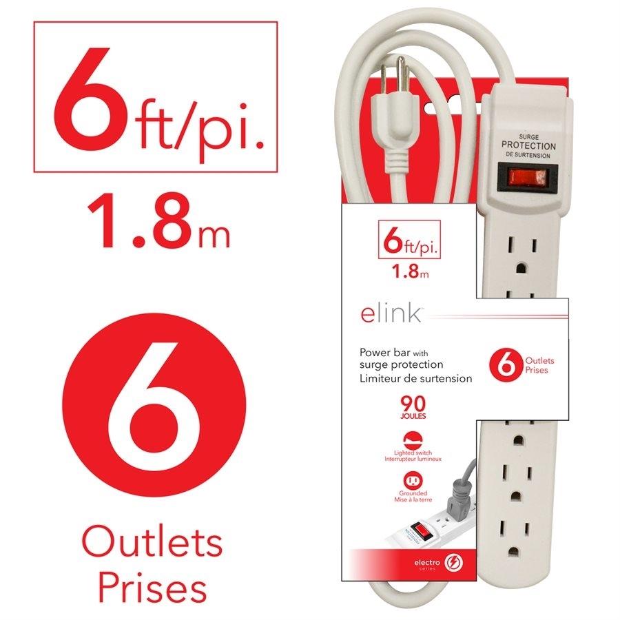 Elink EL-878 - Barre d'alimentation à 6 Prises avec Parasurtenseur, 6 Pieds, Blanc - Simple Boutique