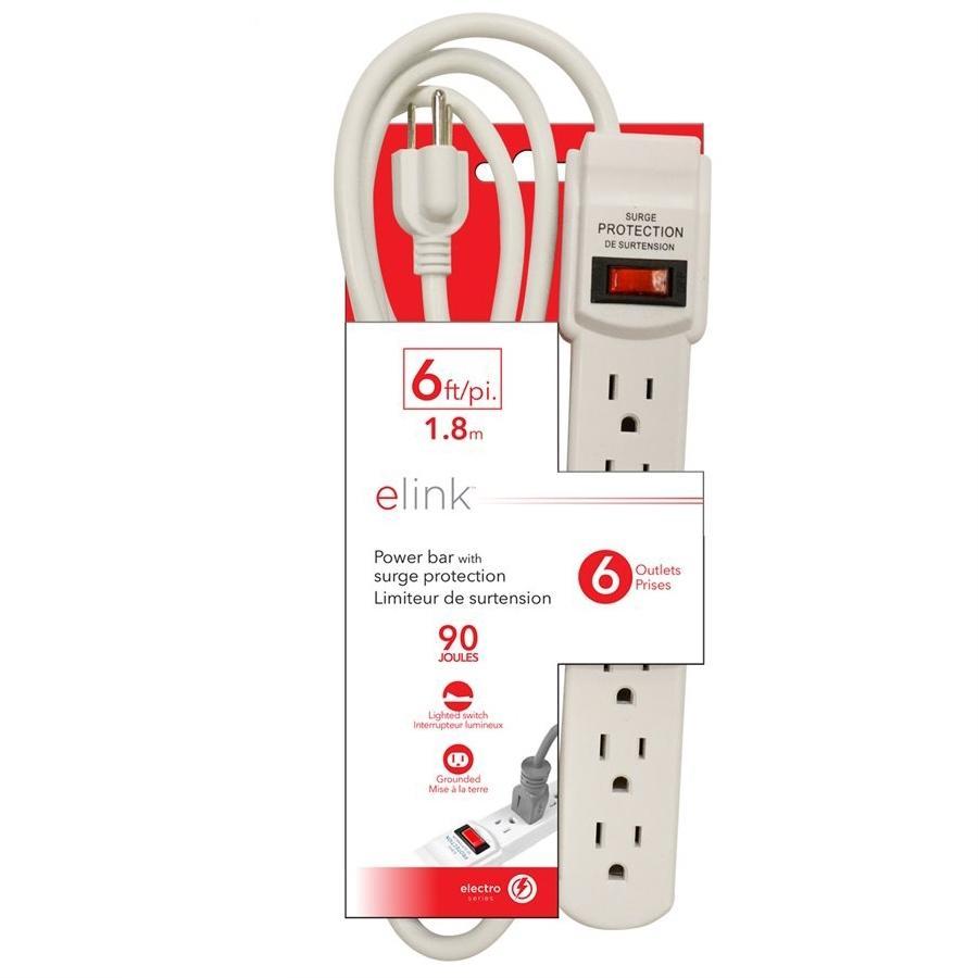 Elink EL-878 - Barre d'alimentation à 6 Prises avec Parasurtenseur, 6 Pieds, Blanc - Simple Boutique