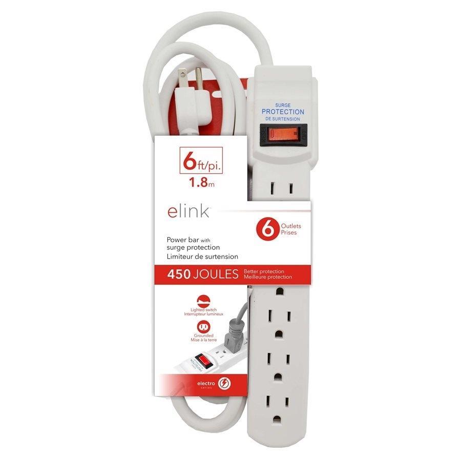 Elink EL427 - Barre d'alimentation à 6 Prises avec Parasurtenseur, 450 Joules, Blanc - Simple Boutique