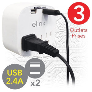 Elink EL434 - Multiprise Mural à 3 Prises avec 2 Ports USB 2.4A, Blanc - Simple Boutique