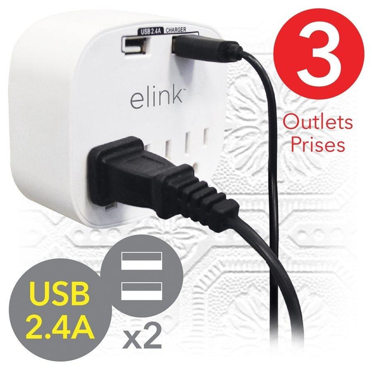 Elink EL434 - Multiprise Mural à 3 Prises avec 2 Ports USB 2.4A, Blanc - Simple Boutique