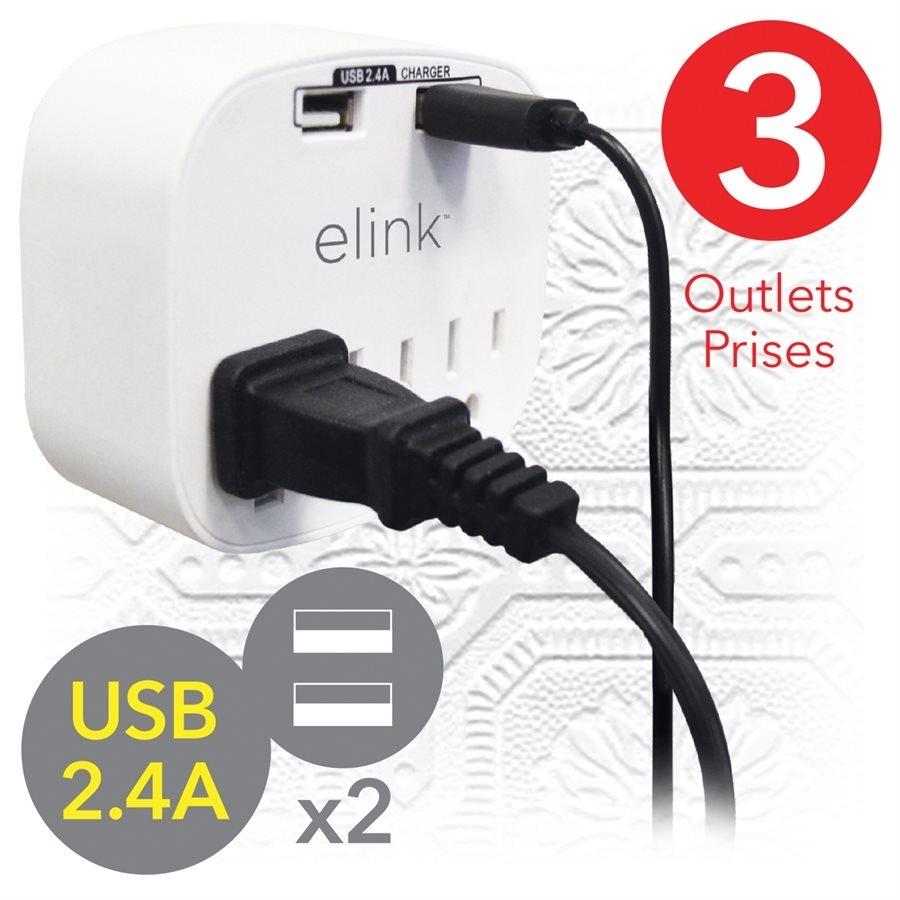 Elink EL434 - Multiprise Mural à 3 Prises avec 2 Ports USB 2.4A, Blanc - Simple Boutique