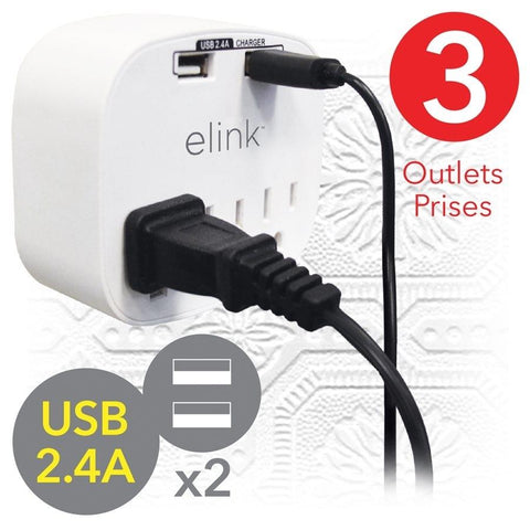 Elink EL434 - Multiprise Mural à 3 Prises avec 2 Ports USB 2.4A, Blanc