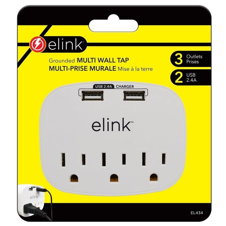 Elink EL434 - Multiprise Mural à 3 Prises avec 2 Ports USB 2.4A, Blanc - Simple Boutique