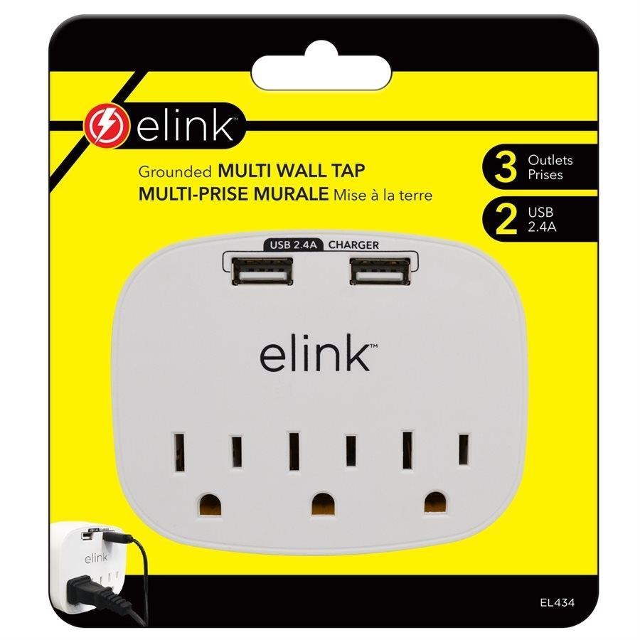 Elink EL434 - Multiprise Mural à 3 Prises avec 2 Ports USB 2.4A