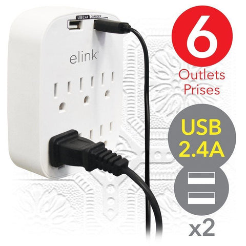 Elink EL441 - Multiprise Mural à 6 Prises avec 2 Ports USB 2.4A, Blanc