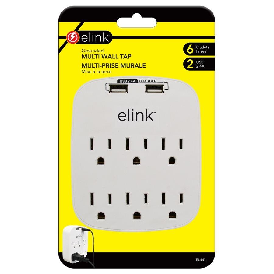 Elink EL441 - Multiprise Mural à 6 Prises avec 2 Ports USB 2.4A, Blanc - Simple Boutique