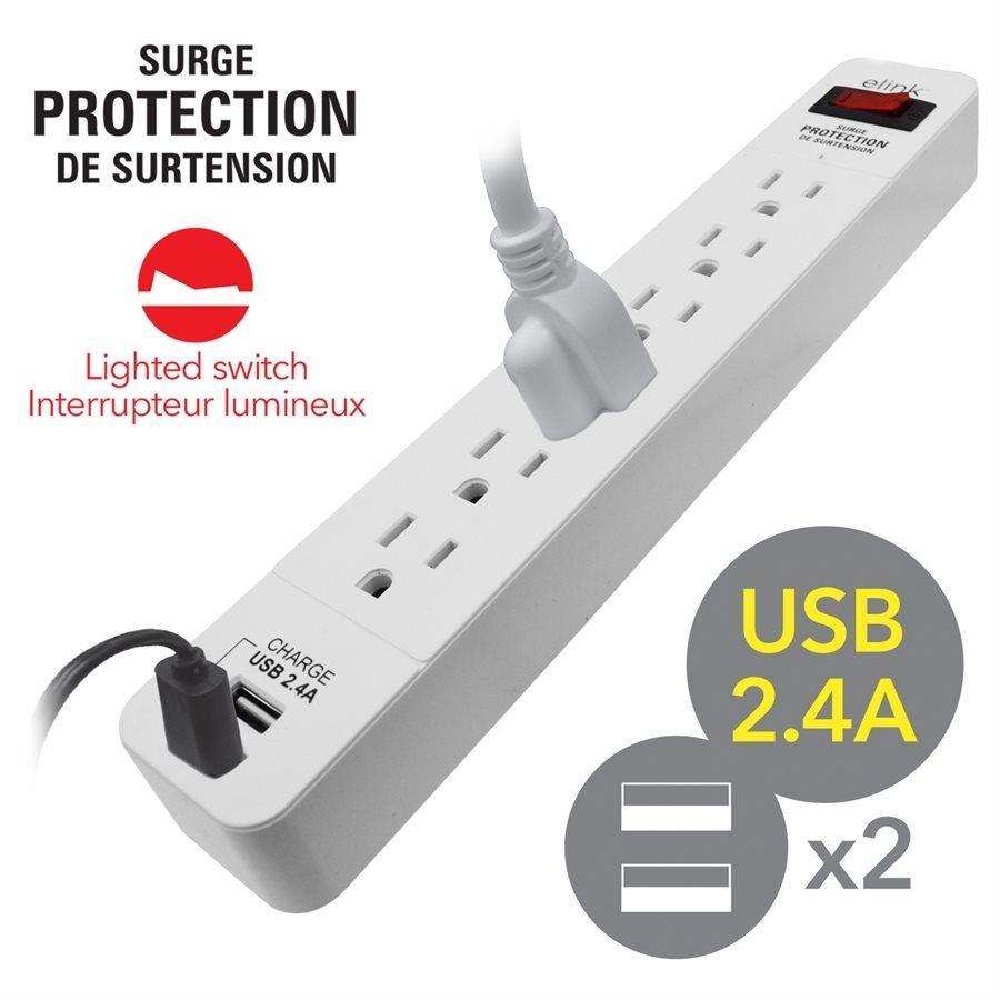 Elink EL458 - Protecteur de Surtension à 6 Prises avec 2 Ports USB 2.4A, 300 Joules, Blanc - Simple Boutique