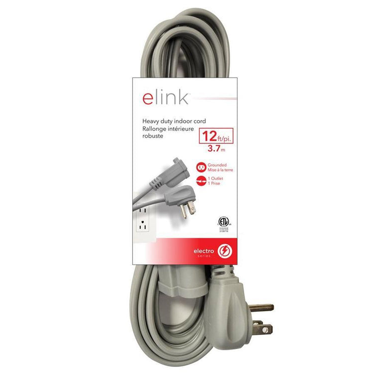 Elink EX-900 - Ralonge Électrique d'intérieur à Usage Intensif, 12 Pieds, Gris - Simple Boutique