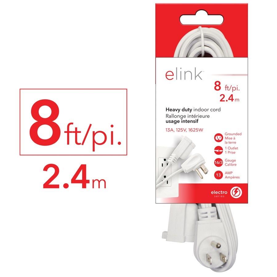 Elink EX-902 - Ralonge Électrique d'intérieur à Usage Intensif, 8 Pieds, Blanc - Simple Boutique