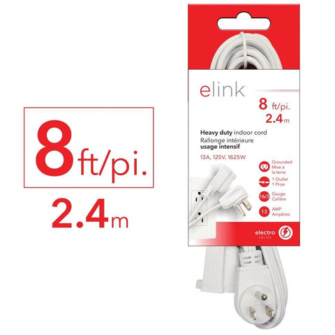 Elink EX-902 - Ralonge Électrique d'intérieur à Usage Intensif, 8 Pieds, Blanc