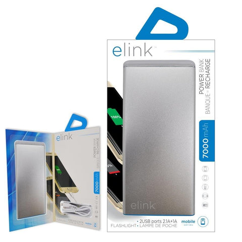 Elink Powerbank 2 Ports USB Avec Lampe De Poche 7000 Mah Argent