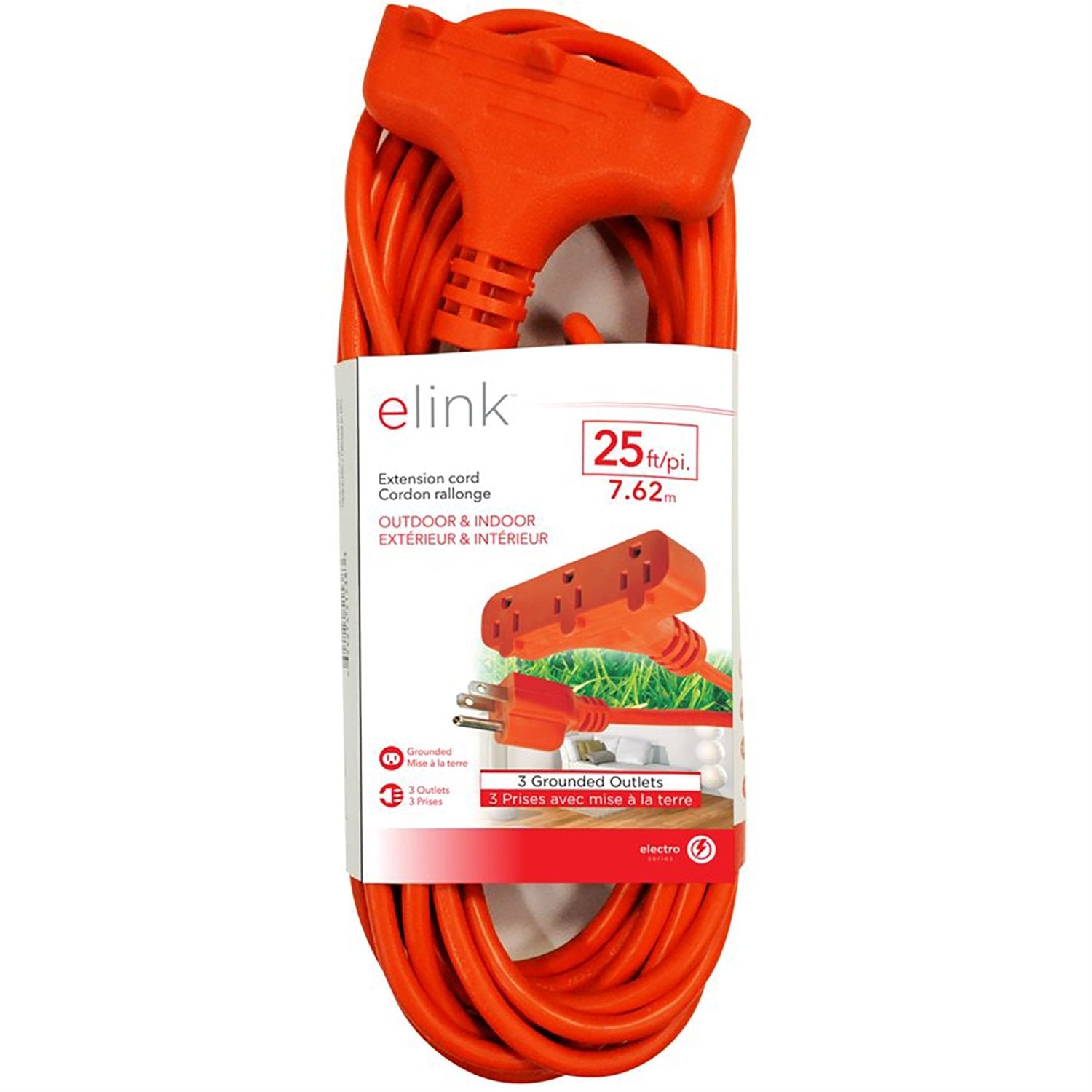 Elink - Rallonge Électrique Extérieure à 3 Prises, Longeur de 25 Pieds, Orange - Simple Boutique