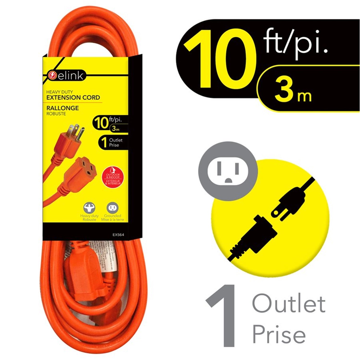 Elink - Rallonge Électrique Intérieur/Extérieur, Longeur de 10 Pieds, Orange - Simple Boutique