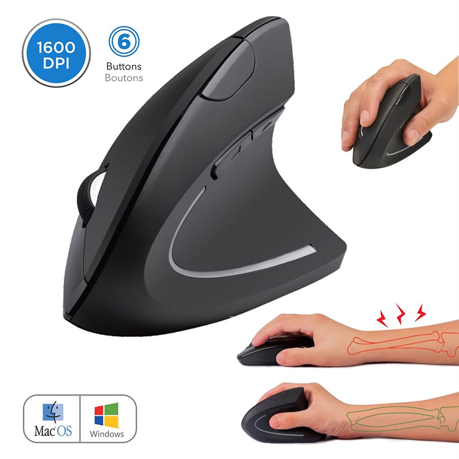 Elink - Souris Ergonomique Verticale Sans-Fil à 6 Boutons, DPI Réglable, Noir - Simple Boutique