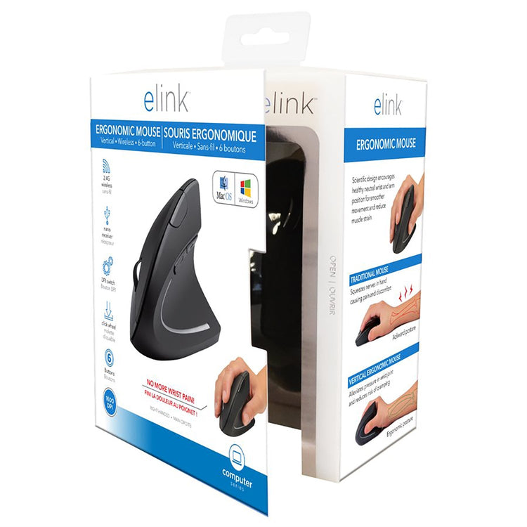 Elink - Souris Ergonomique Verticale Sans-Fil à 6 Boutons, DPI Réglable, Noir - Simple Boutique
