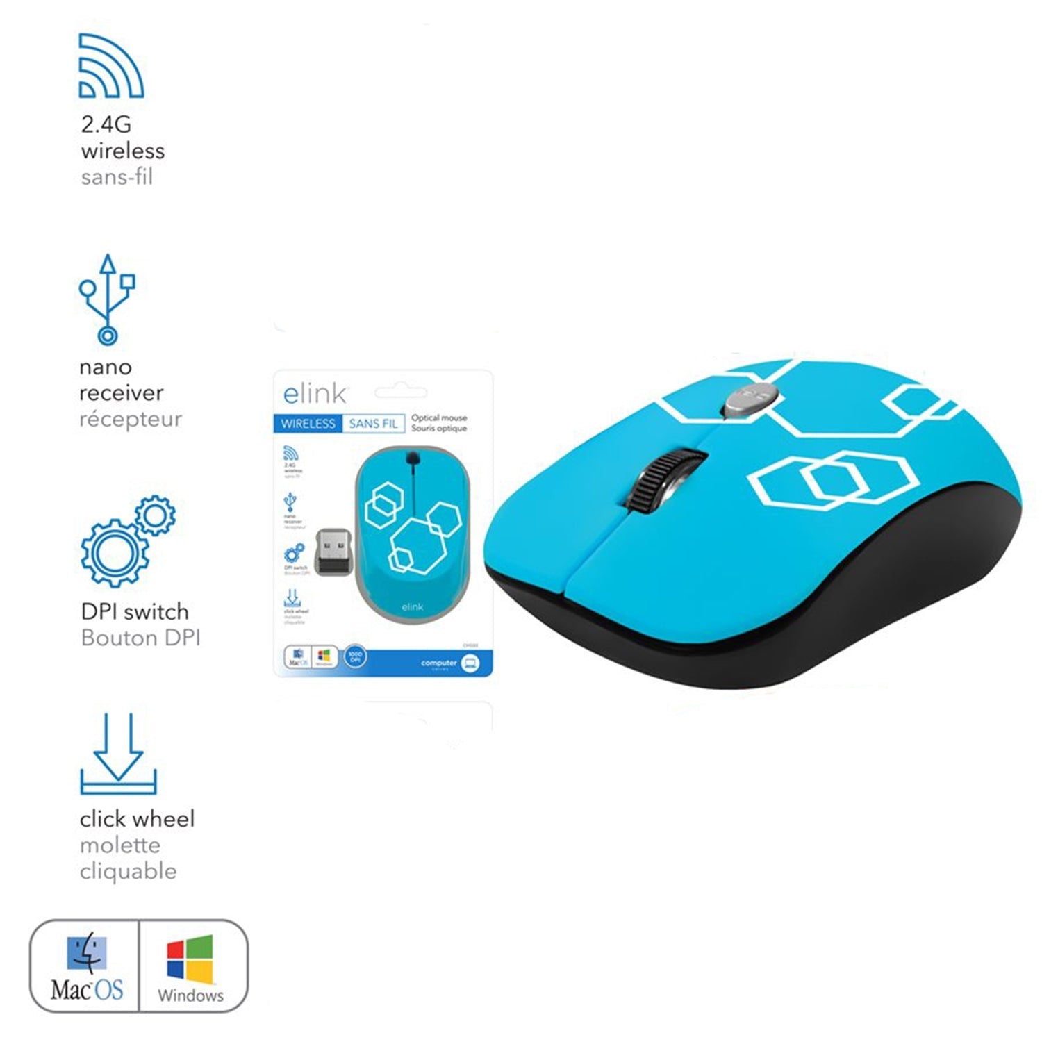 Elink - Souris Optique Sans-Fil avec DPI Ajustable et Nano Récepteur, Bleu - Simple Boutique