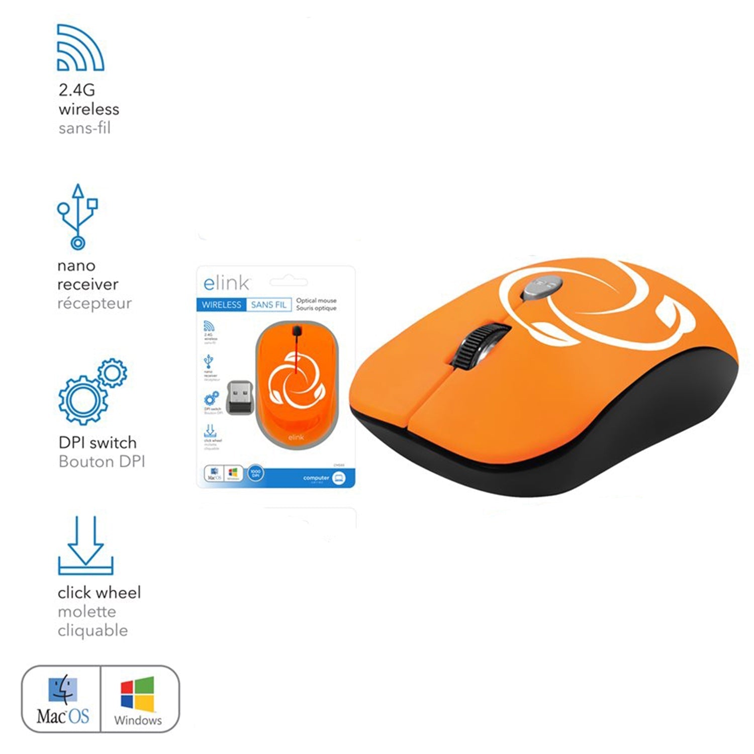 Elink - Souris Optique Sans-Fil avec DPI Ajustable et Nano Récepteur, Orange - Simple Boutique