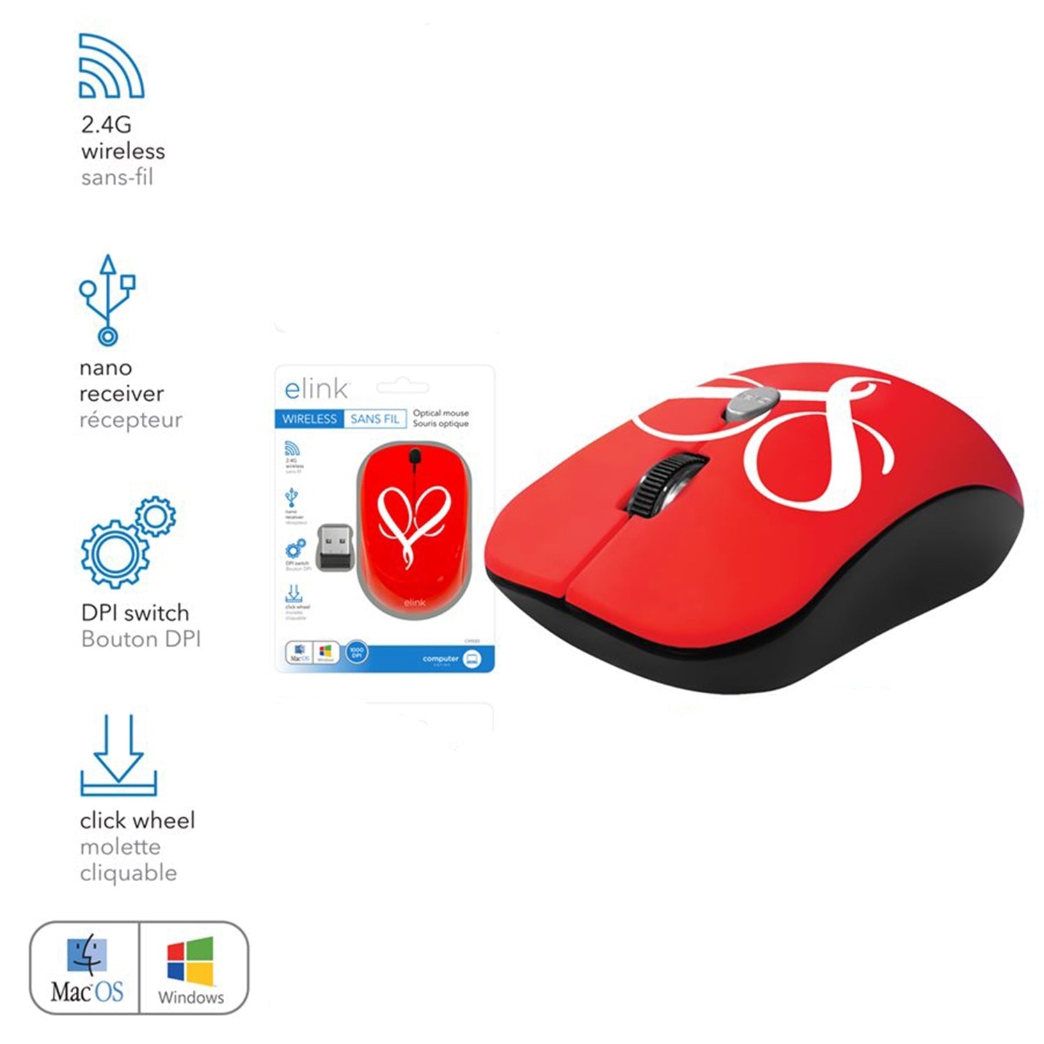 Elink - Souris Optique Sans-Fil avec DPI Ajustable et Nano Récepteur, Rouge - Simple Boutique