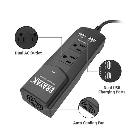 Erayak Adaptateur DC 12V À AC 110V De 150W Pour La Voiture Avec Chargeur USB Double - Simple Boutique