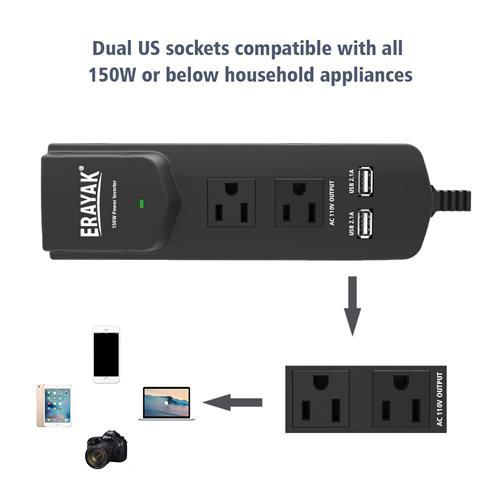 Erayak Adaptateur DC 12V À AC 110V De 150W Pour La Voiture Avec Chargeur USB Double - Simple Boutique