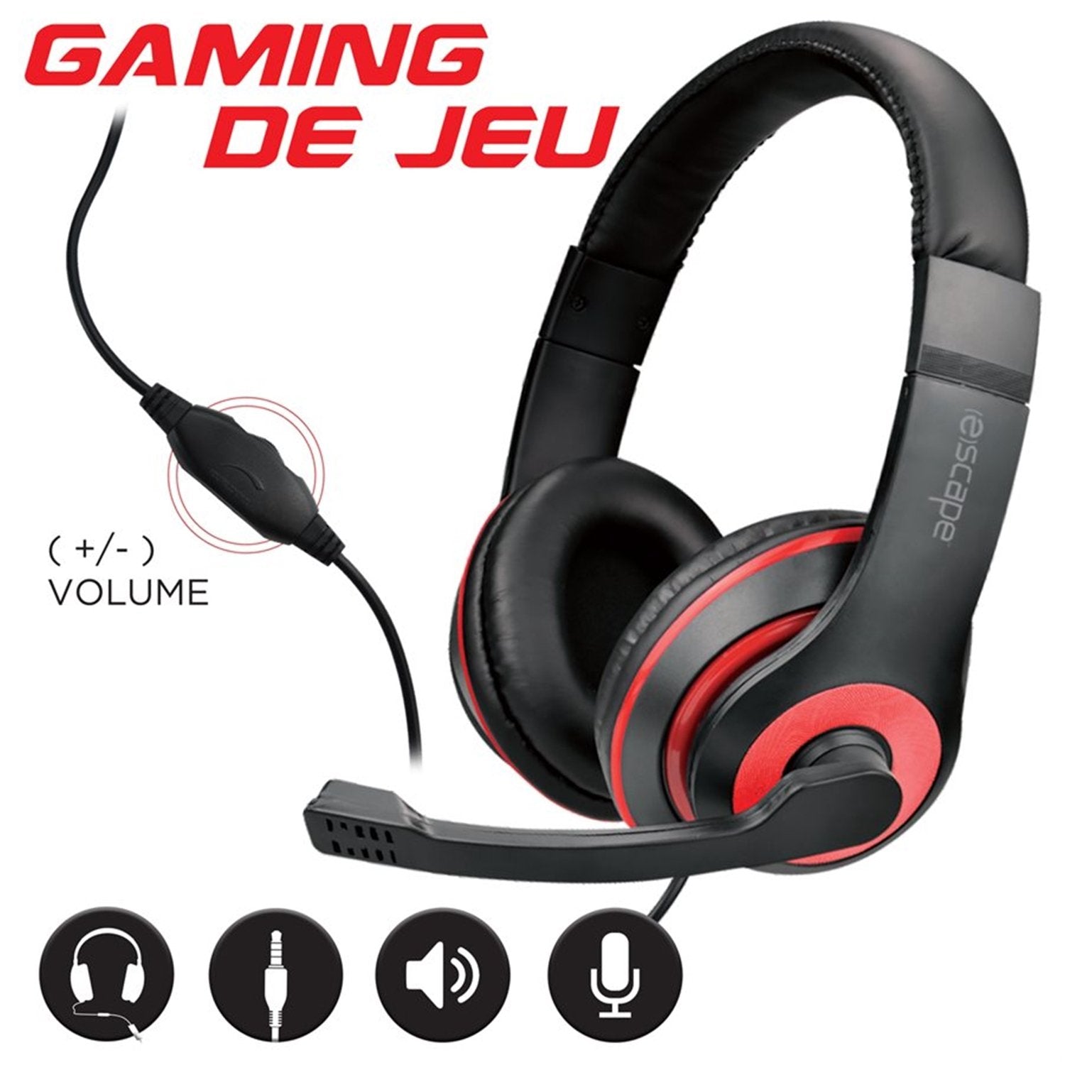 Escape - Casque de Jeu Stéréo Filaire, Contrôle du Volume et Microphone, Rouge - Simple Boutique
