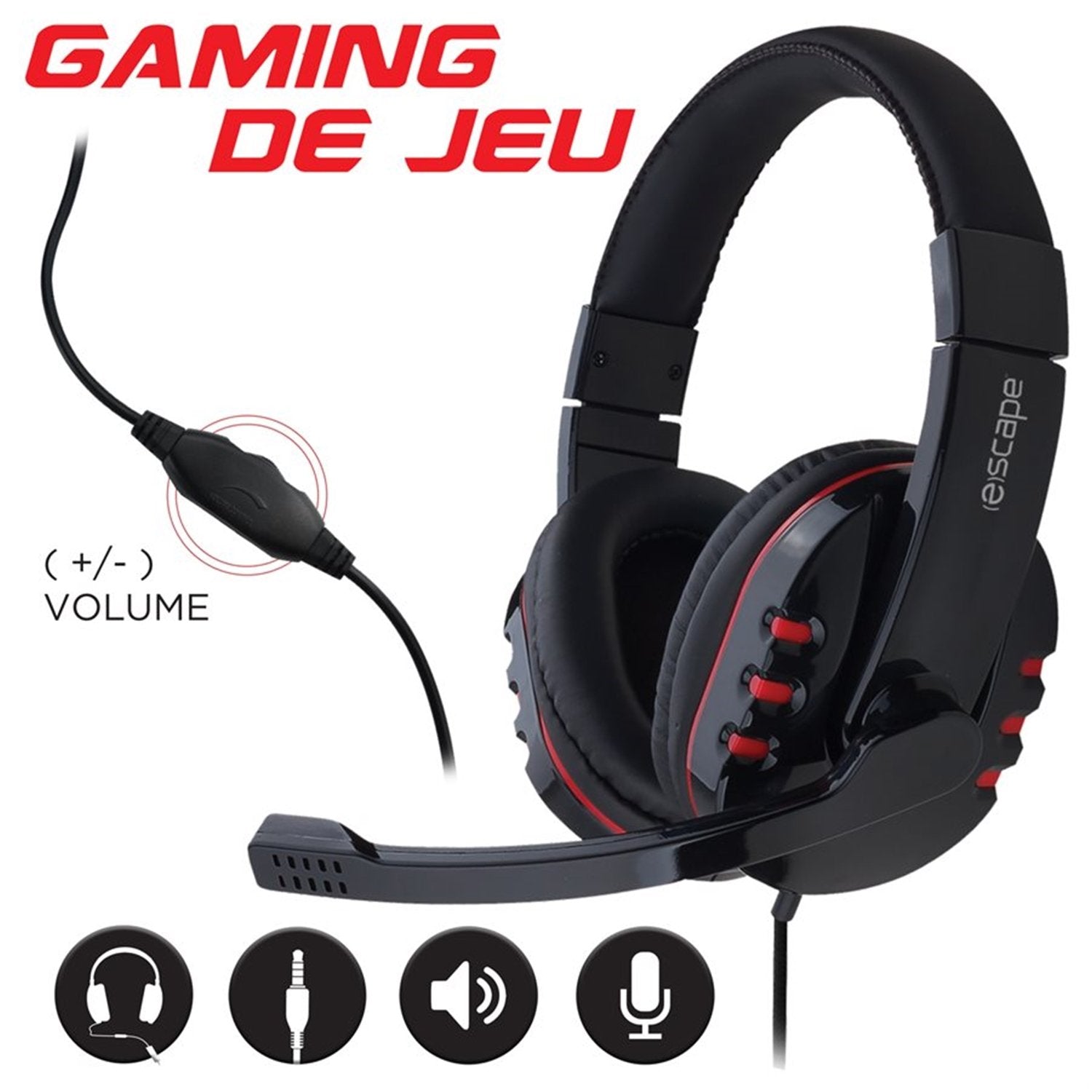 Escape - Casque de Jeu Stéréo Filaire, Contrôle du Volume et Microphone, Rouge - Simple Boutique