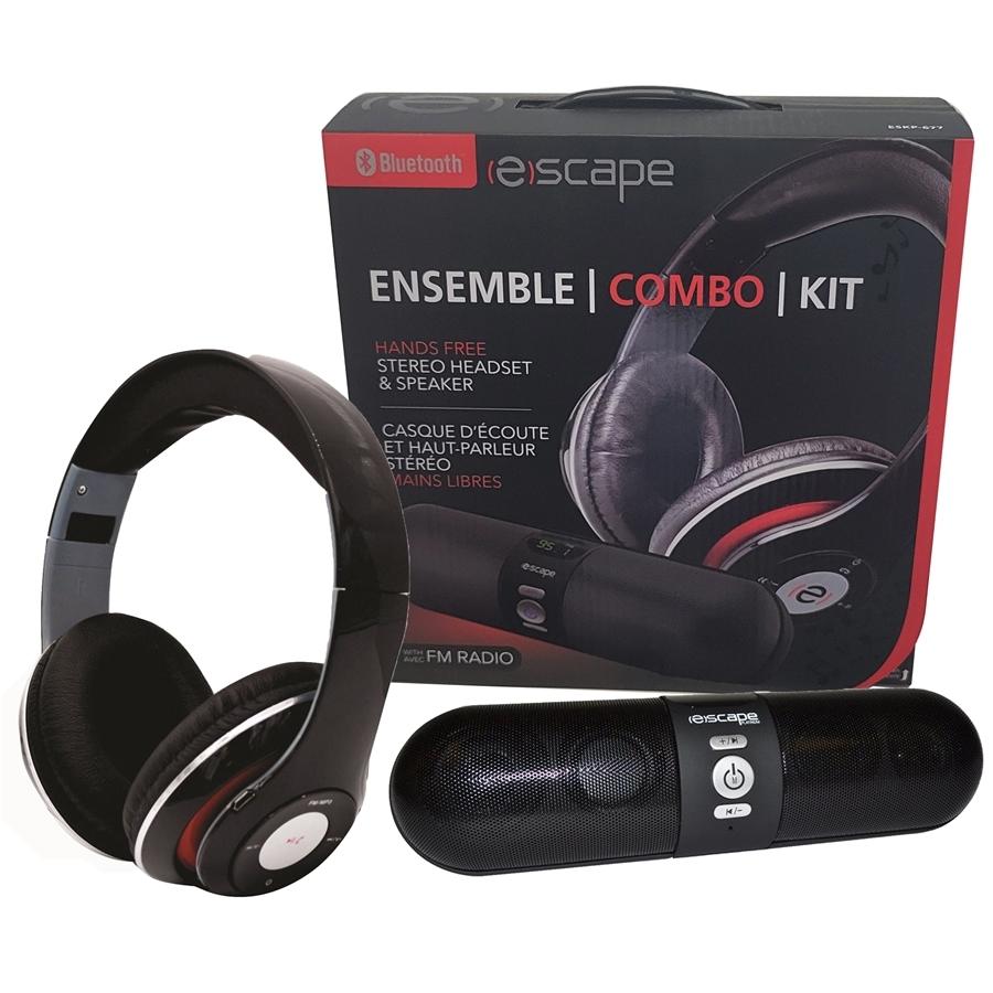 Escape - Ensemble de Un Haut-Parleur Bluetooth Stéréo et Un Casque d'écoute Bluetooth, Noir