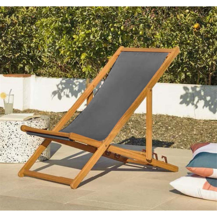F. Corriveau International - Chaise Transat pour l'extérieur, Trois Niveaux Inclinaisons, Cadre en Bois, Gris - Simple Boutique