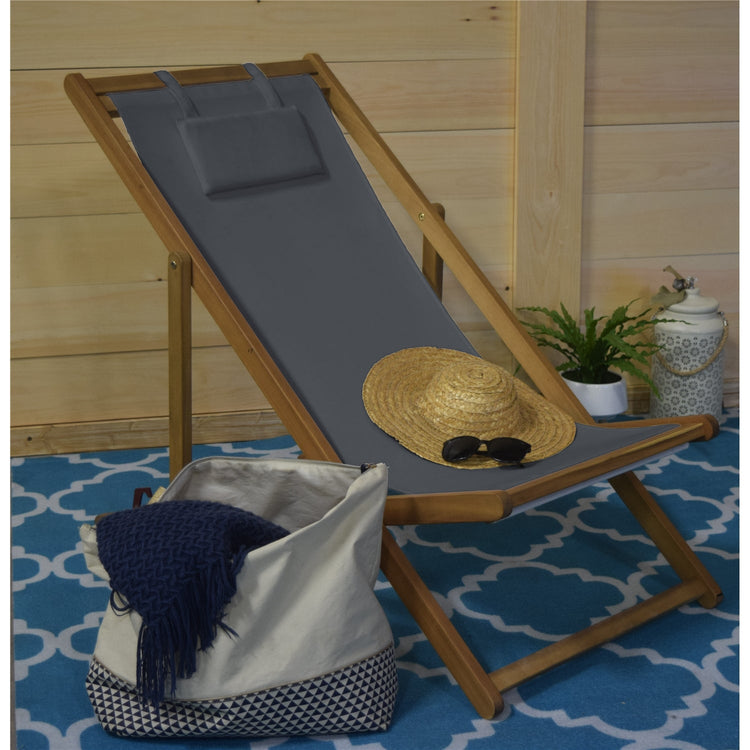F. Corriveau International - Chaise Transat pour l'extérieur, Trois Niveaux Inclinaisons, Cadre en Bois, Gris - Simple Boutique
