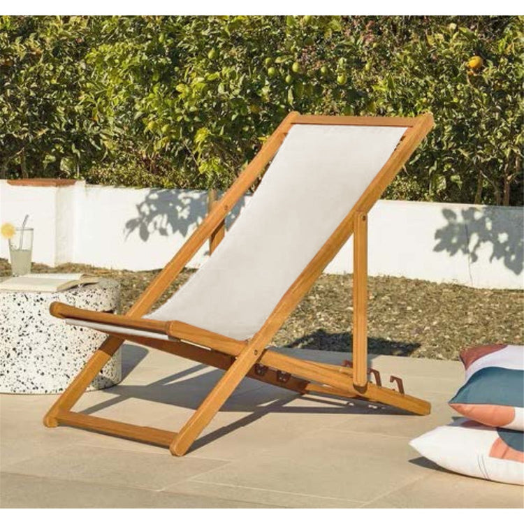 F. Corriveau International - Chaise Transat pour l'extérieur, Trois Niveaux Inclinaisons, Cadre en Bois, Ivoire - Simple Boutique