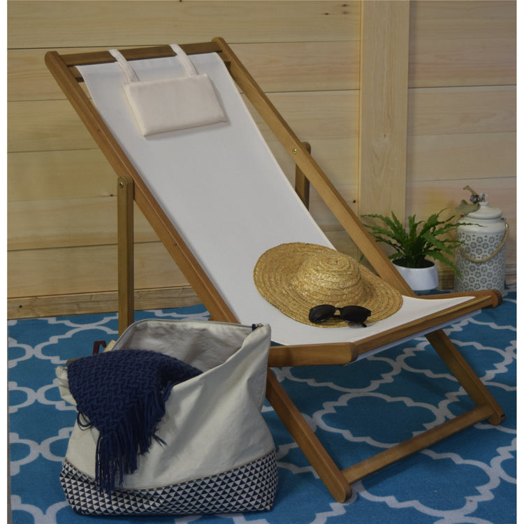 F. Corriveau International - Chaise Transat pour l'extérieur, Trois Niveaux Inclinaisons, Cadre en Bois, Ivoire - Simple Boutique