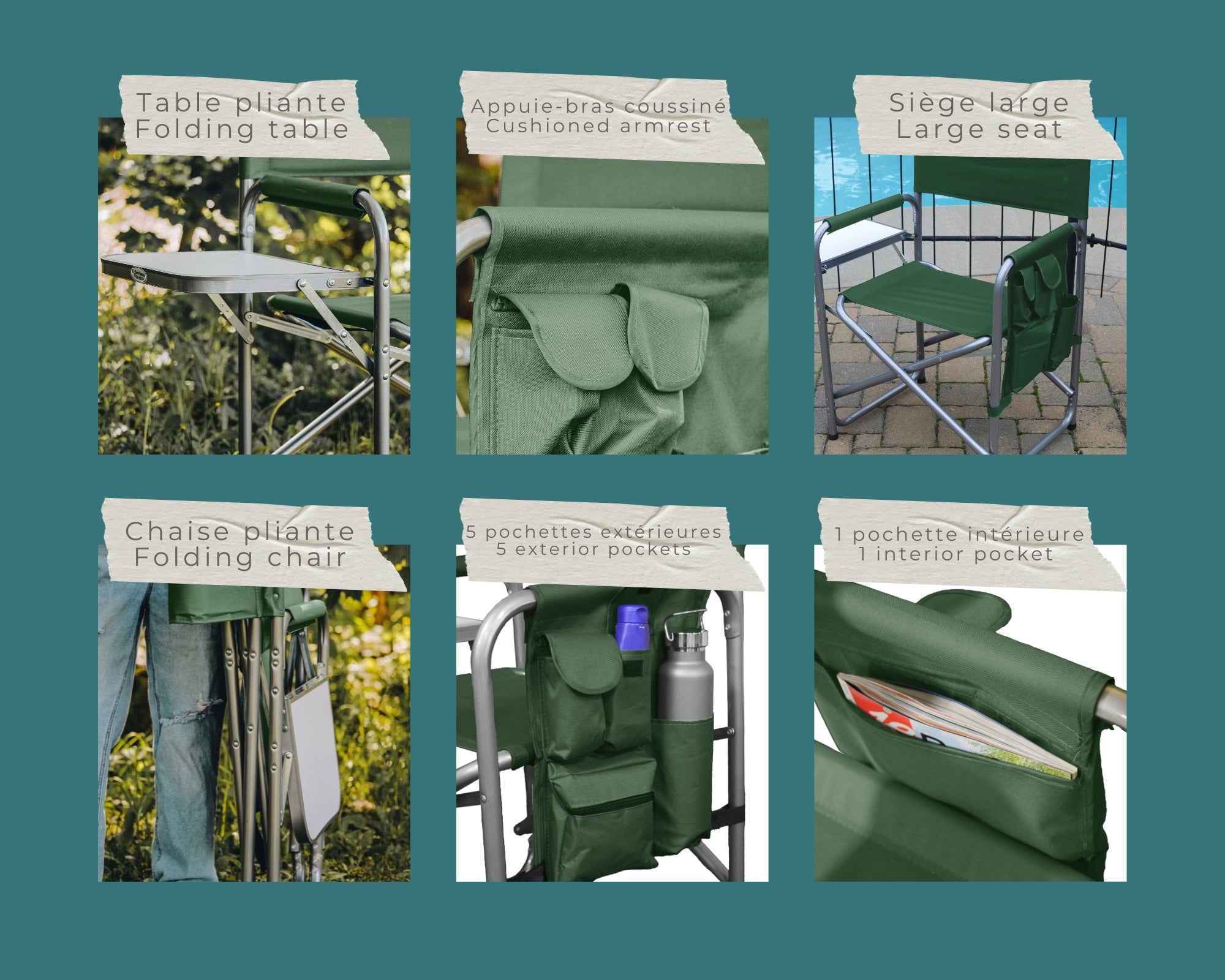 F. Corriveau International - Ensemble de 2 Chaises Pliantes avec Pochette de Rangement et Plateau, Vert - Simple Boutique