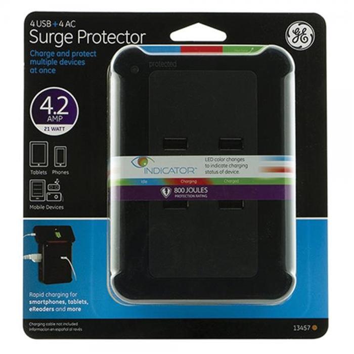 GE 13457 Protecteur de surtension murale 4 prises, 4 ports USB 800 Joules Noir - Simple Boutique
