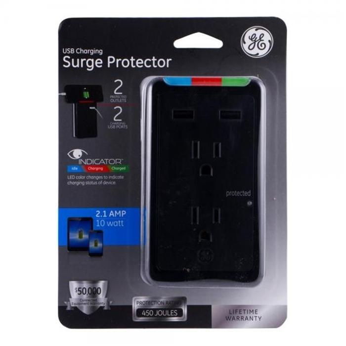 GE 28685 Protecteur de surtension murale 2 prises, 2 ports USB 450 Joules Noir - Simple Boutique