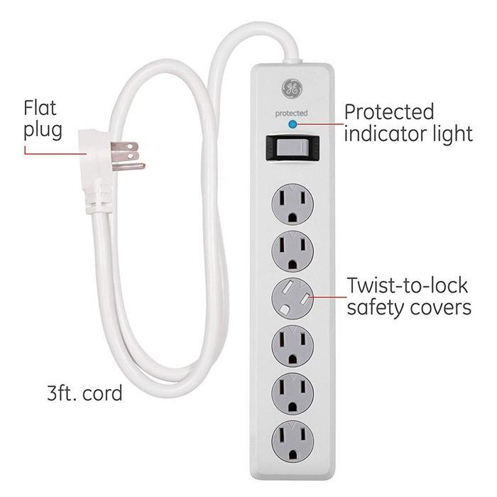 GE 33658 Parasurtenseur à 6 prises GE avec cordon de 4 pi 800 Joules Blanc - Simple Boutique