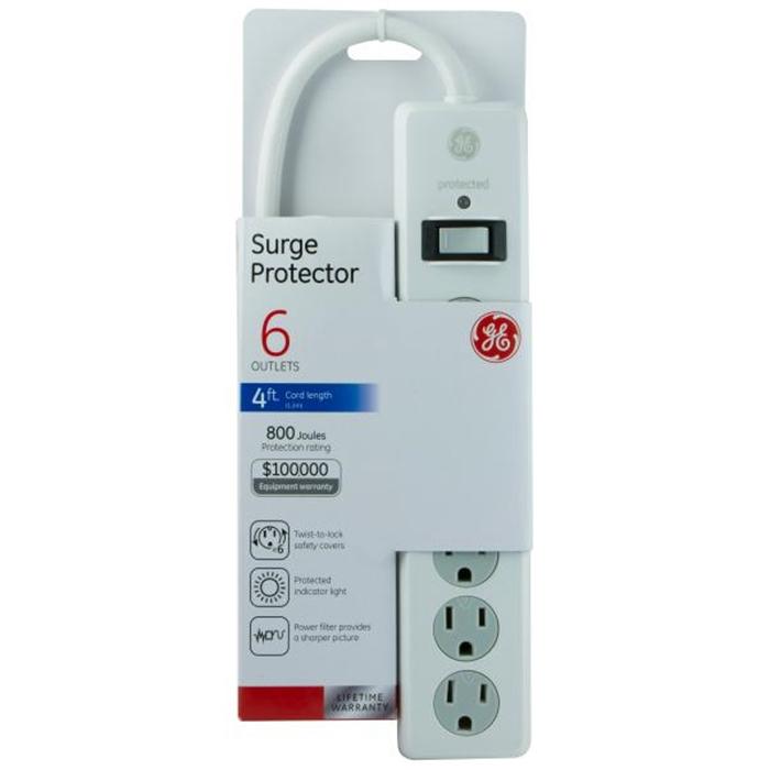 GE 33658 Parasurtenseur à 6 prises GE avec cordon de 4 pi 800 Joules Blanc - Simple Boutique