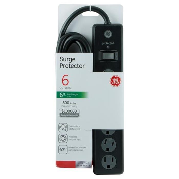 GE 33661 Parasurtenseur à 6 prises GE avec cordon de 6 pi 800 Joules Noir - Simple Boutique
