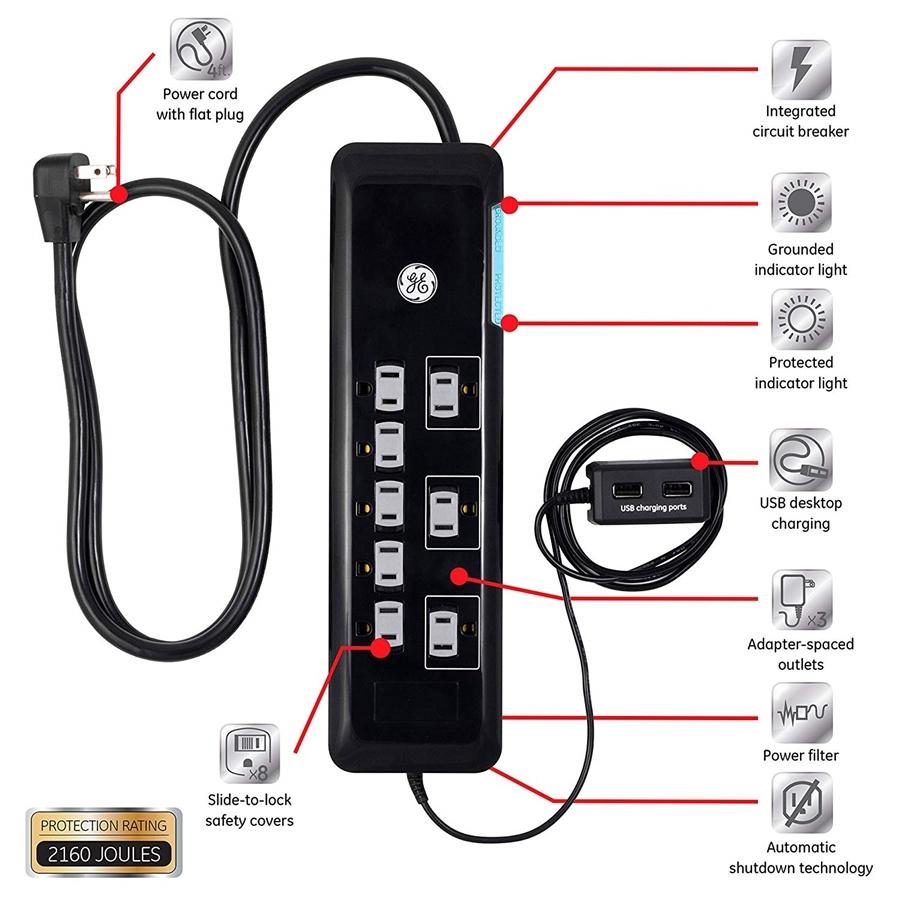 GE 34117 UltraPro Protecteur de Surtension électrique 8 prises + 2 prises USB 2160 joules - Simple Boutique